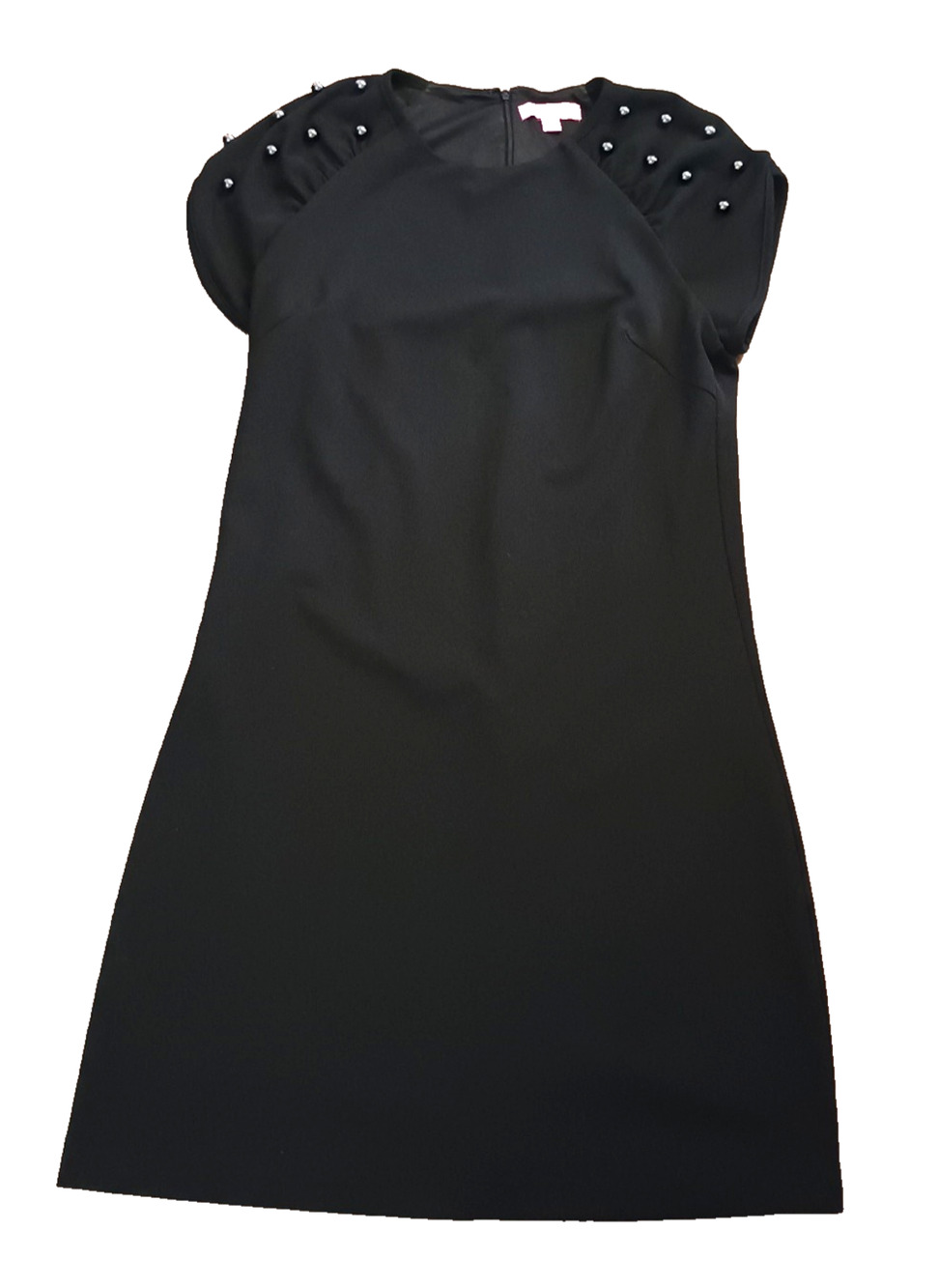 Betsey Johnson A Line sz 8 Dress Black Cap Pleated Faux Gray Pearls bead Sleeves